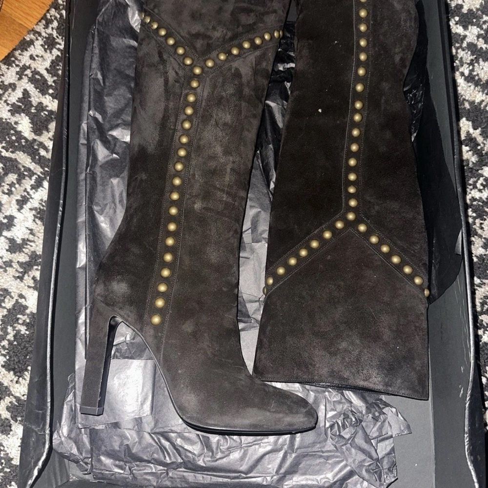 Yves Saint Laurent Black Ankle Boots with Gold Studs